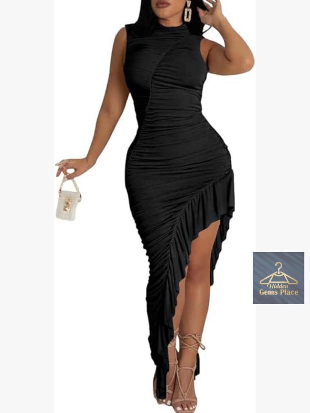 Sexy Ruched Asymmetrical Ruffles Sleeveless Maxi Cocktail Party Dress